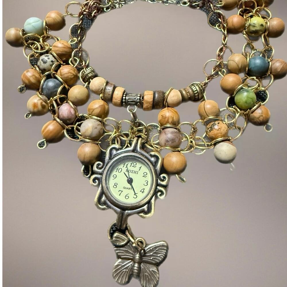 Handmade Boho Butterfly Watch Bracelet NEW Battery Wood & Stone Bead Cuff